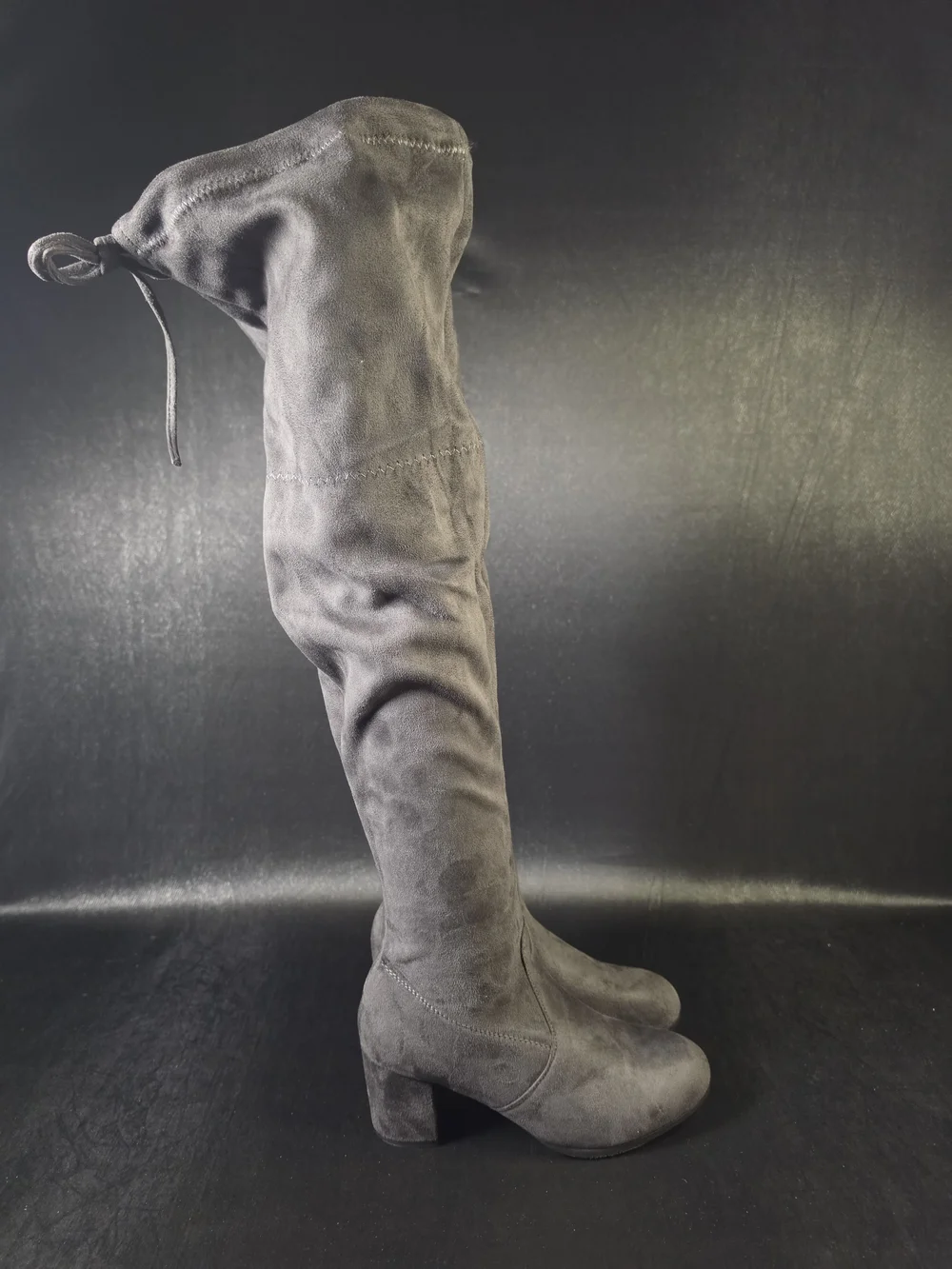 Womens Gray Over The Knee Boots Size 8.5 Block Heel Tie Back Stretch Thigh High